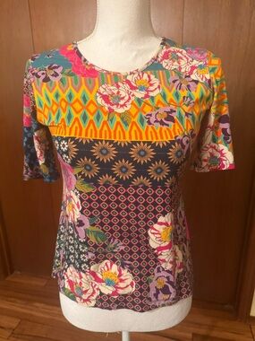 NWT Johnny Was Multicolor Floral & Geometric Short Sleeve Tee